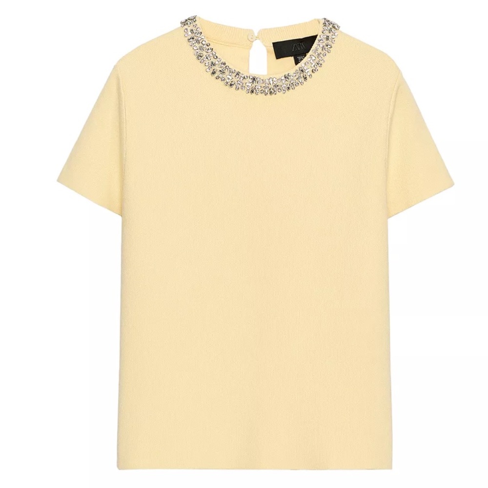 Zara Pale Yellow Short Sleeve Top with Embellished Jewel Collar
